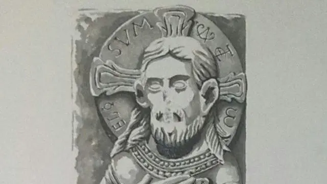 Parte superior do debuxo, que representa ao Cristo Salvador da igrexa de Santiago de Vigo.DP