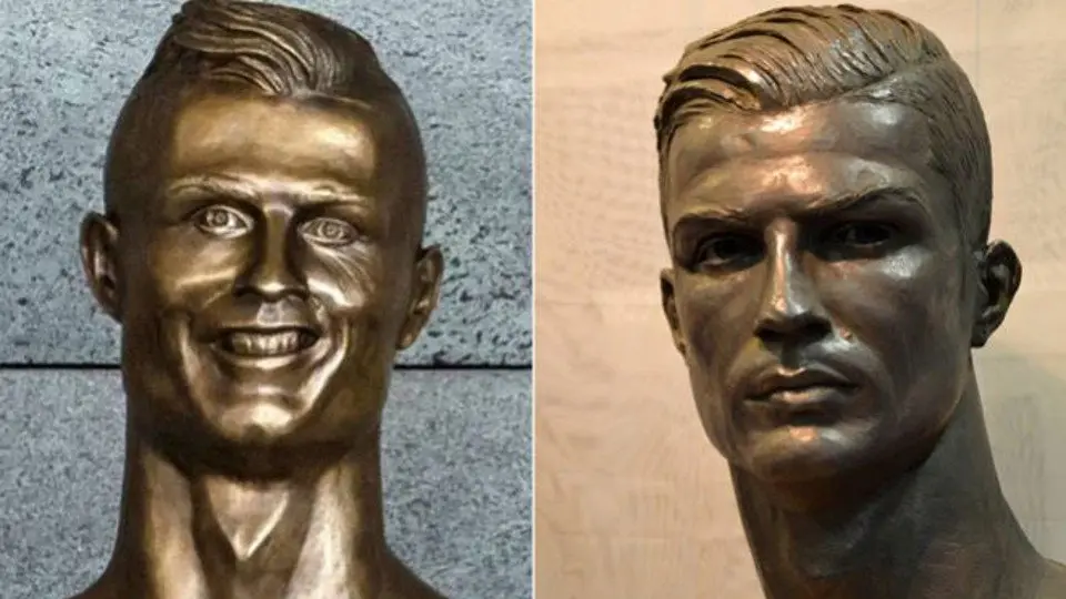 Bustos de Cristiano Ronaldo, en el aeropuerto de Madeira a la izquierda y en el Museo del Real Madrid a la derecha. TWITTER