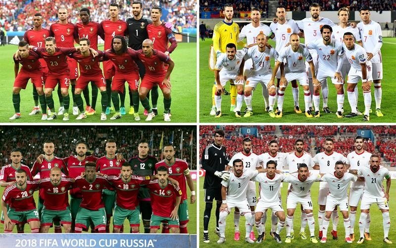 Combo de imágenes de los onces titulares de las selecciones del grupo B (Portugal, España, Marruecos e Irán) tras el sorteo del Mundial de Rusia 2018. YURI KOCHETKOV (EFE)