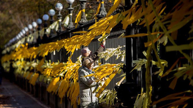 Lazos amarillos en el parque de la Ciutadella de Barcelona para pedir la libertad de los presos. QUIQUE GARCÍA (EFE)