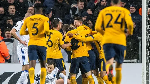 Los jugadores del Atlético de Madrid celebran uno de los goles de Copenhague.ANDERS KJAERBYE (EFE)