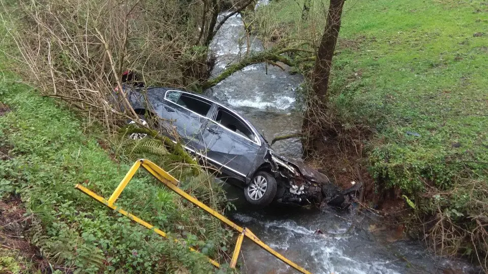 Estado del coche tras precipitarse al agua. P.V.