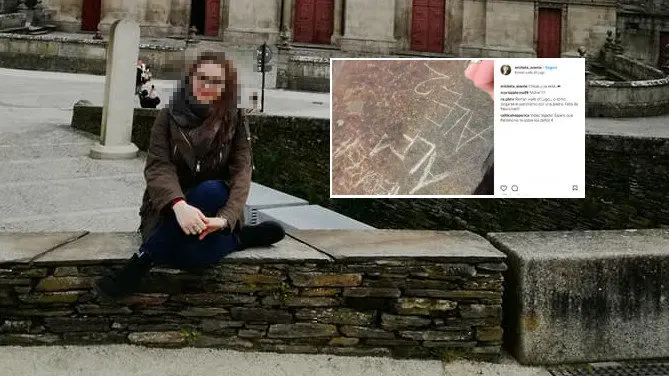 La joven posando en la muralla y una captura del vídeo que subió a Instagram dañando el monumento.