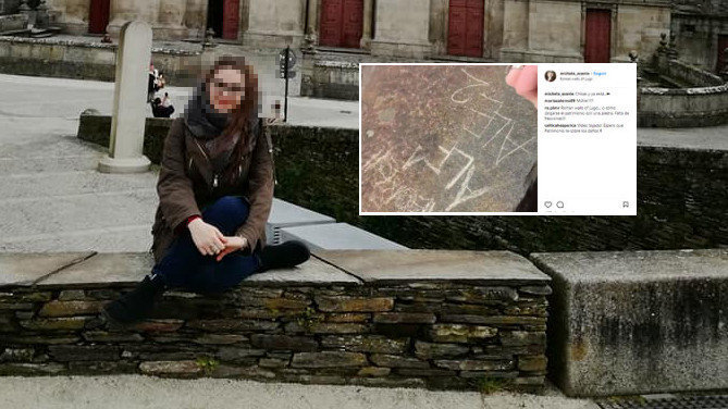 La joven posando en la muralla y una captura del vídeo que subió a Instagram dañando el monumento.