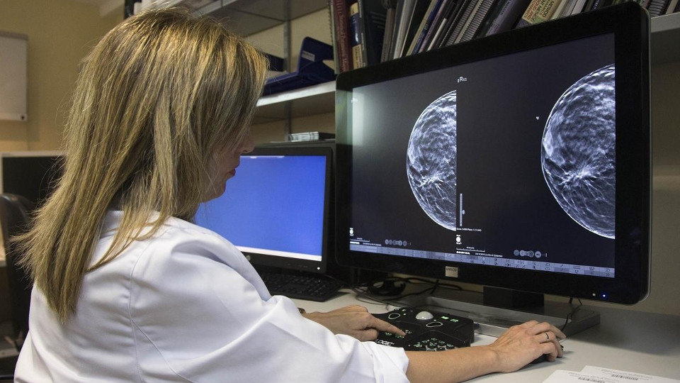 Una doctora examina una mamografía