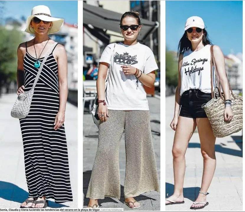 Sonia, Caludia y Elena lucen tendencias del verano en la playa de Silgar. CHRISTIAN FERNÁNDEZ