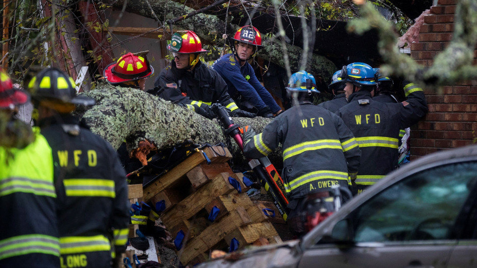 Trabajadores de los equipos de rescate retiran un árbol que ha caído en una vivienda causando la muerte a una mujer y un bebé. JIM LO SCALZO (EFE)