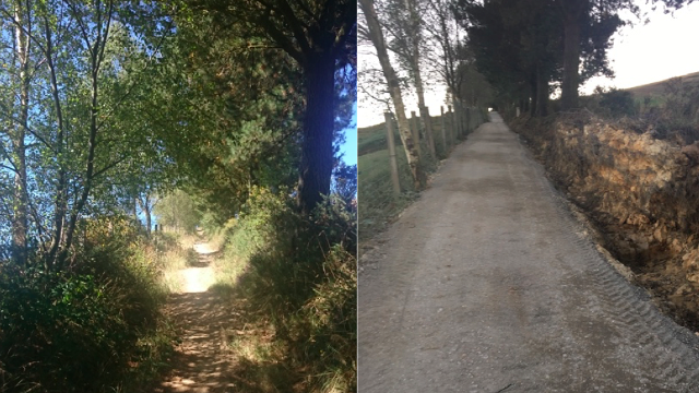 Una zona del Camiño Primitivo antes y después de las obras de reparación en las que se usó cemento. ADEGA