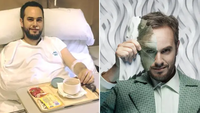 Jorge Blas, tras el accidente, y en un cartel de su show