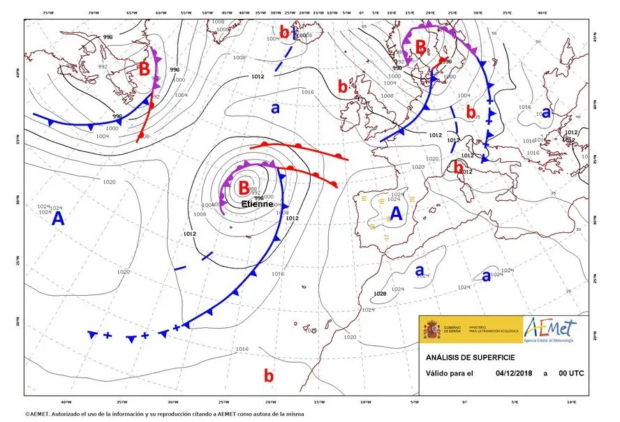Evolución da borrasca Etienne. AEMET