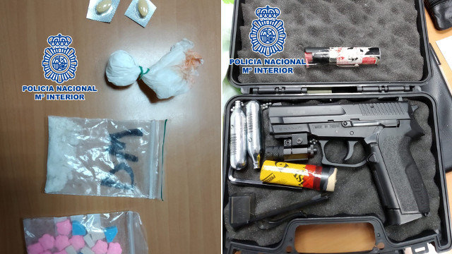 Drogas y la pistola de aire comprimido incautadas a un vecino de Marín. DP