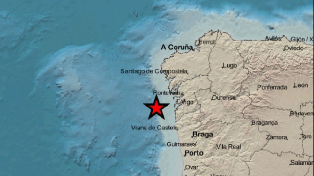 Punto exacto onde se rexistrou o tremor fronte á costa de Vigo. IGN