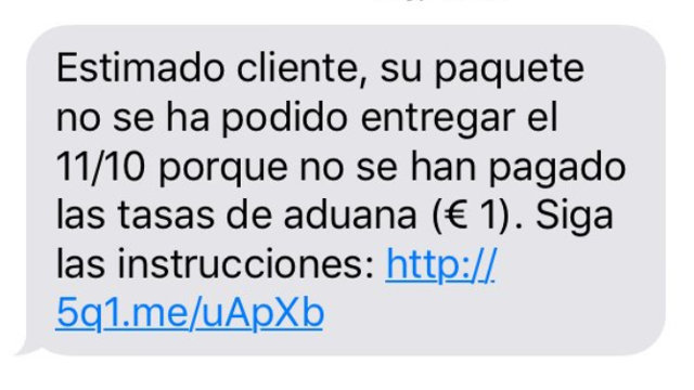 Mensaje de texto fraudulento recibido por los usuarios.TWITTER