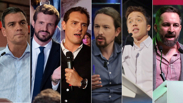 Sánchez, Casado, Rivera, Iglesias, Errejón e Abascal, nos actos de apertura de campaña. EFE