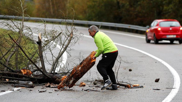 Un hombre retira un árbol caído en la carretera LU-530, que une las localidades de O Cadavo con A Fonsagrada. ELISEO TRIGO