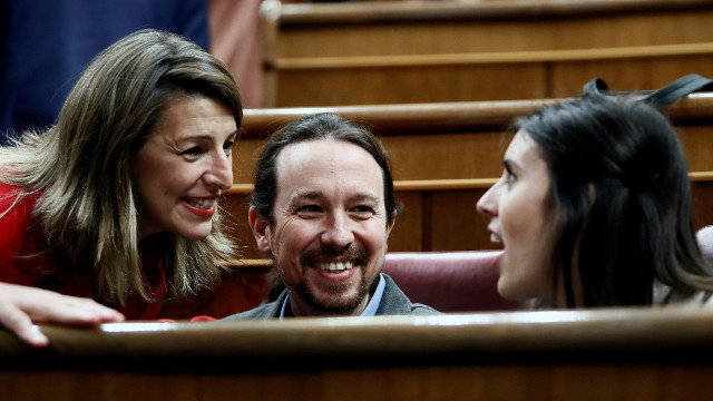 Yolanda Díaz, Pablo Iglesias e Irene Montero. EFE
