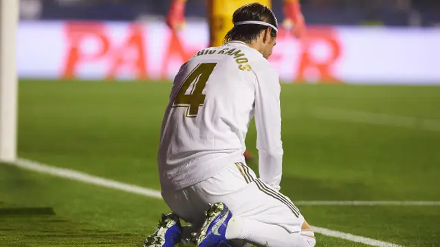 Sergio Ramos of Real Madrid reacts during the La Liga Santander match between Levante and Real Madrid at Estadio Ciutat de Valencia on February 22, 2020 in Valencia, Spain