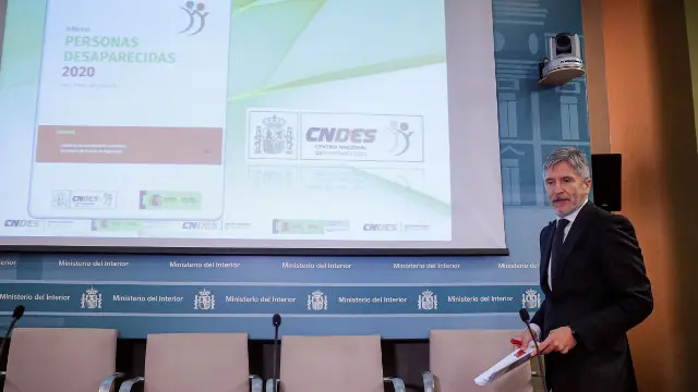 O ministro do Interior, Fernando Grande-Marlaska, durante a presentación do informe de persoas desaparecidas de 2019. EFE