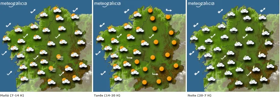 Mapa de la previsi&oacute;n del tiempo para este s&aacute;bado en Galicia. METEOGALICIA