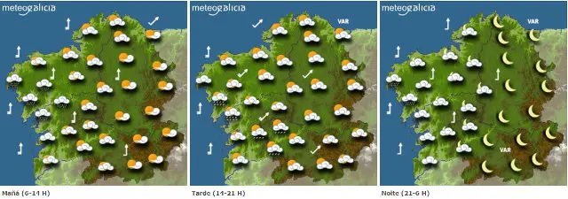 Mapa da previsi&oacute;n do tempo para este martes en Galicia.METEOGALICIA