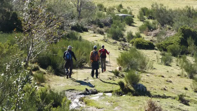 Un grupo de senderistas, descubriendo un paraje en Os Ancares. AGN