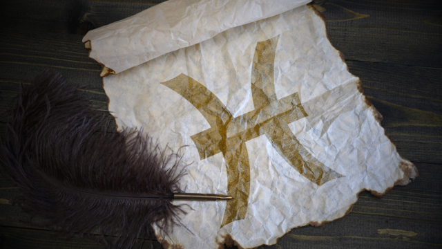 Pisces sign of the zodiac on vintage paper with old pen on the wooden texture desk