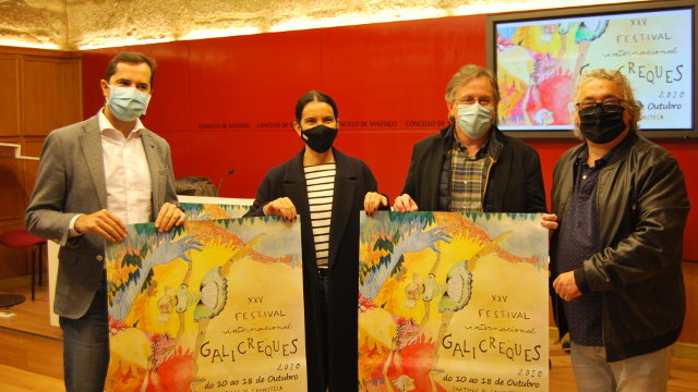 Dende a esquerda, Jacobo Sutil (director da Agadic), Mercedes Rosón (concelleira de Acción Cultural de Santiago), Xurxo Couto (deputado de Cultura da Deputación da Coruña) e Jorge Rey (director do Festival Galicreques)