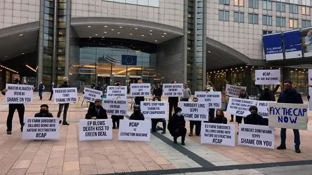Maniestación levada a cabo hoxe fronte ao Parlamento Europeo, para protestar pola reforma da Política Agrícola Común. EFE
