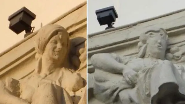 La escultura de la pastorcilla de Palencia, antes y después de la restauración. EP