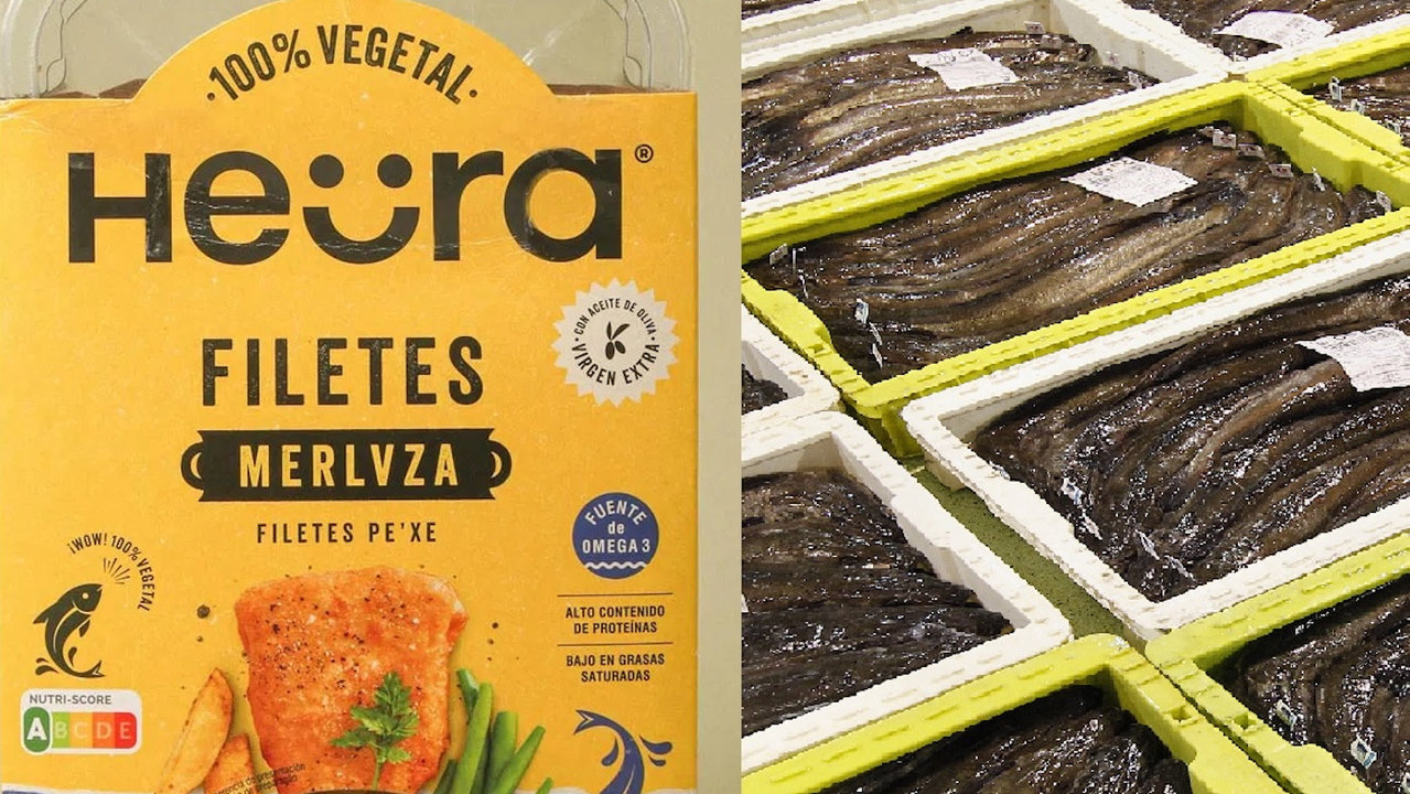 Filetes de 'merlvza' de la marca Heura y cajas de merluza en la lonja de Celeiro. EP