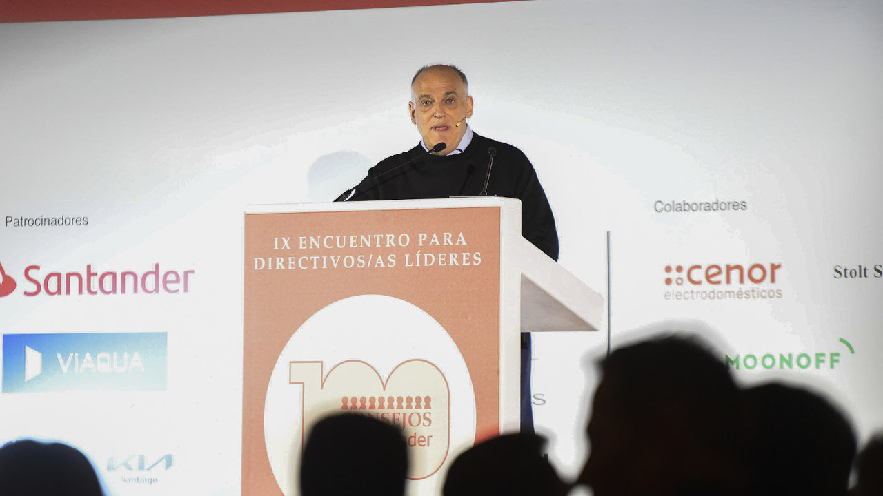 Javier Tebas, en el encuentro 100 Consejos Santander 2023.AGN