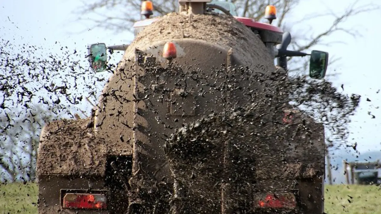 Una cisterna esparciendo pur&iacute;n en una finca. Coag