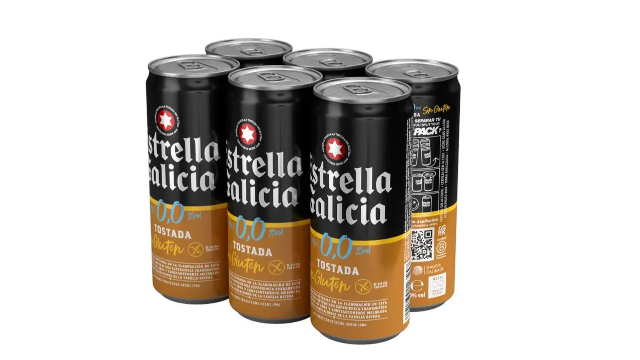 Pack de seis latas de Estrella Galicia 0,0 tostada