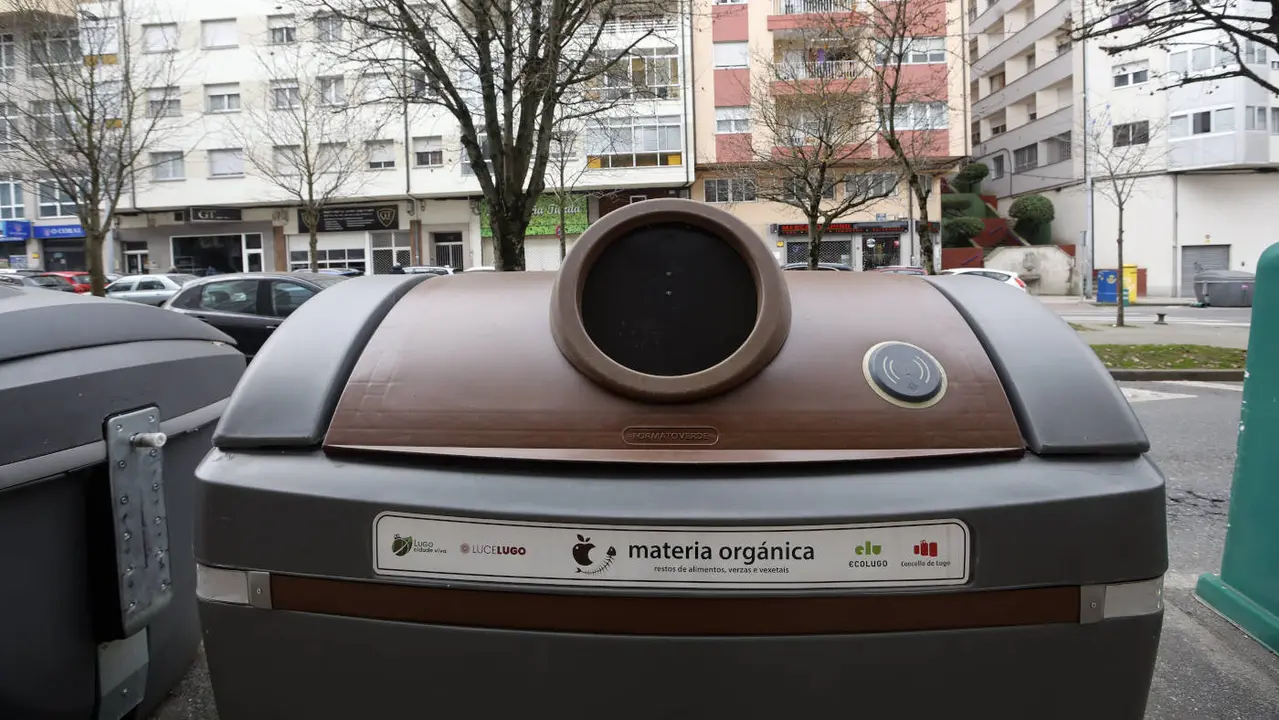 Un contenedor marrón instalado en Lugo. XESÚS PONTE