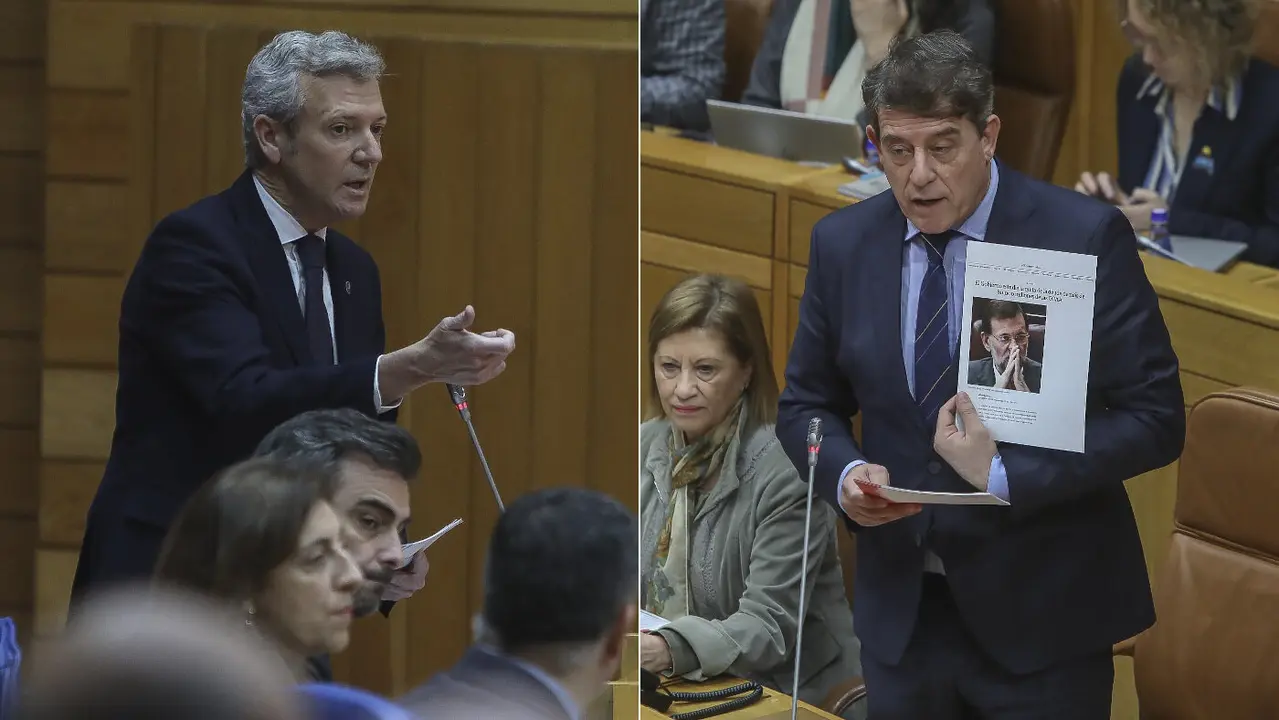 Alfonso Rueda y Jos&eacute; Ram&oacute;n G&oacute;mez Besteiro, este mi&eacute;rcoles en el Parlamento. NACHO SANT&Aacute;S (AGN)