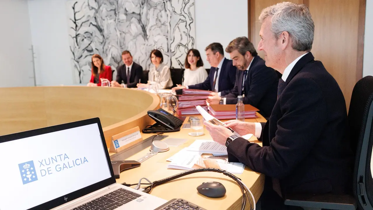 O titular do Executivo galego, Alfonso Rueda, preside a reunión do Consello da Xunta. Sala do Consello, 14/04/25.