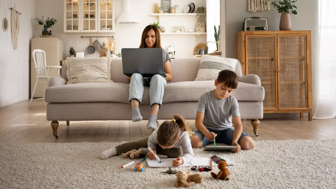 Una madre con sus dos hijos en casa. FREEPIK