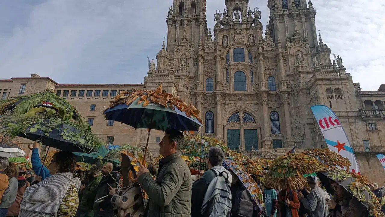 Participantes en la manifestaci&oacute;n convocada en Santiago por Ulloa Viva contra el proyecto de Altri en Palas. EP