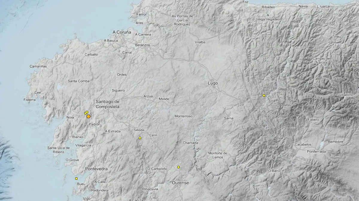 Localizaciones de los terremotos registrados en Galicia en la &uacute;ltima semana. EP