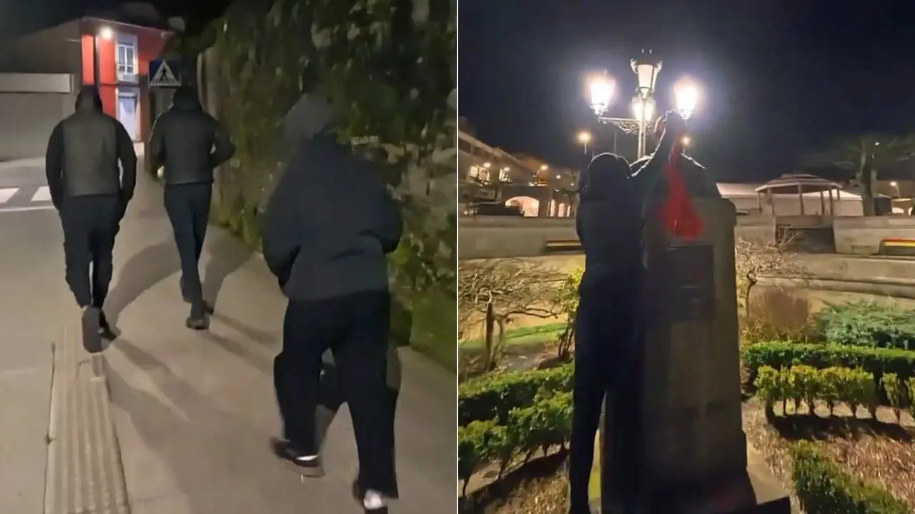 Im&aacute;genes de los encapuchados que viajaron desde Vitoria para vandalizar el busto de Fraga en Vilalba. X