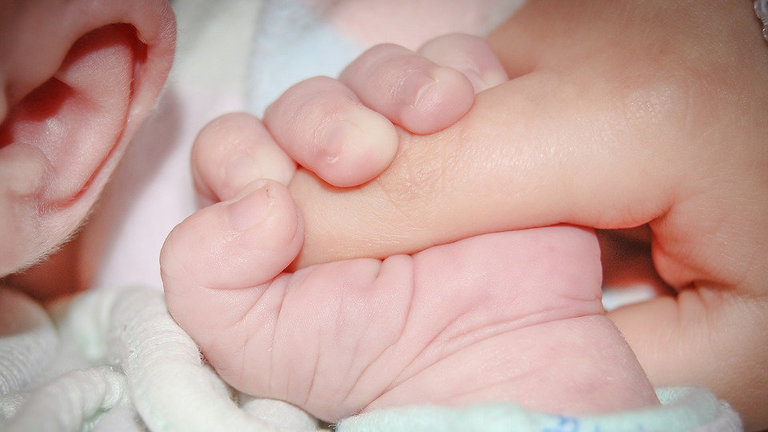 Un bebé agarra un dedo. EP