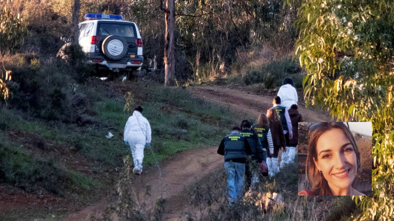 Efectivos de la Guardia Civil inspeccionan el paraje donde se ha encontrado el cadáver de Laura Luelmo (en la imagen de la derecha). JULIÁN LÓPEZ (EFE)