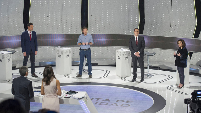 Sánchez, Iglesias, Rivera y Sáenz de Santamaría, durante el debate de Atresmedia celebrado antes de las elecciones de 2015. EFE