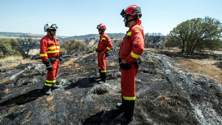 Miembros de la Ume, en una de las zonas calcinadas por las llamas en Toledo.ÁNGELES VISDÓMINE (Efe)