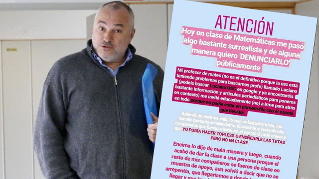 Luciano Méndez y una captura de la denuncia pública de la alumna de la USC EP