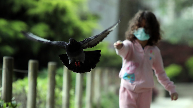 Una niña con mascarilla en un parque en Santiago. PEPE FERRÍN (AGN)