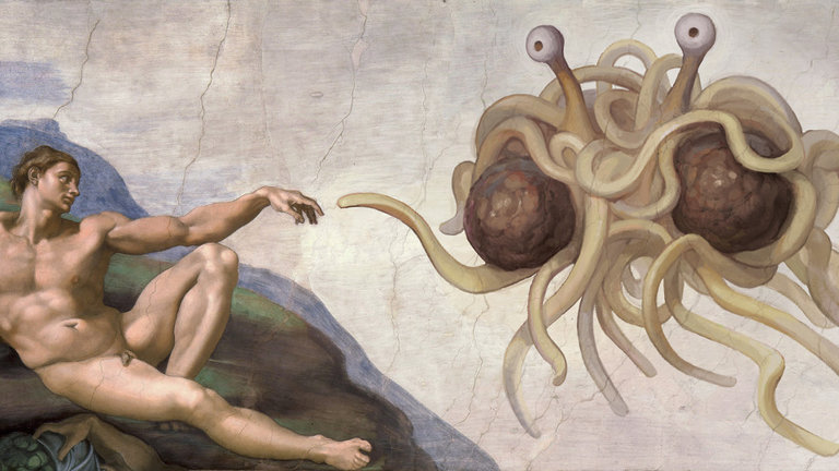 Revisión de La creación de Adán, de Miguel Ángel, con el Monstruo del Espagueti Volador como protagonista. INTERNET