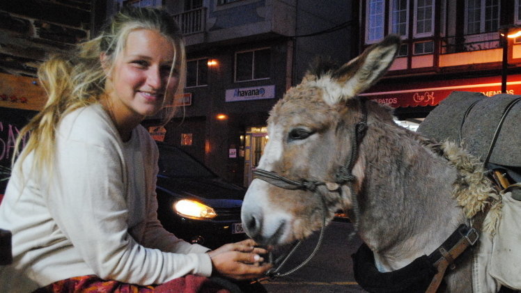 La joven holandesa, con su burro con el que hace el Camino de Santiago, en Sarria. PORTO.