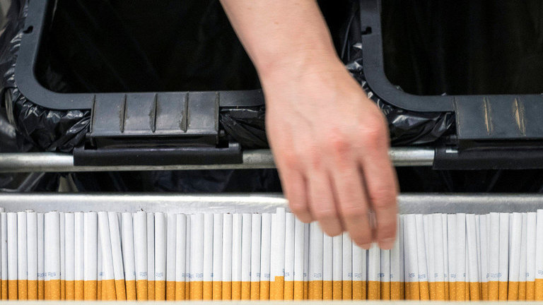 Un empleado de una tabaquera coloca cigarrillos para el empaquetado en cajetillas. AEP