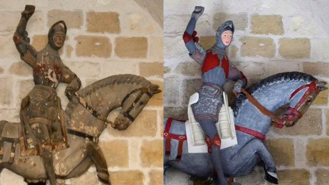 La escultura de San Jorge antes y después de la restauración. ARTUS